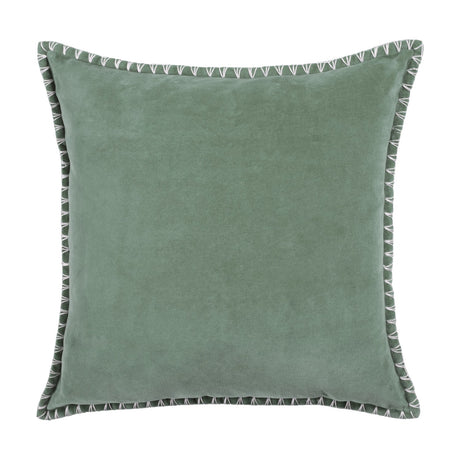Square seafoam green velvet cushion with hand-worked ivory blanket stitch trim along all four edges, shown on a plain white background.