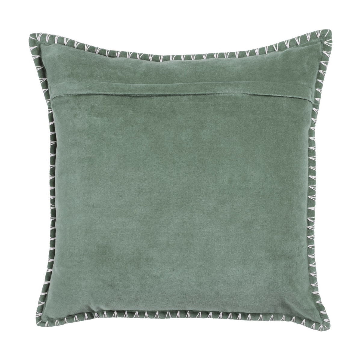 Square seafoam green velvet cushion with ivory blanket-stitch trim around all edges, shown with a concealed rear opening, on a plain white background.