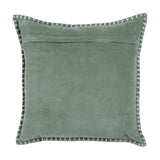 Square seafoam green velvet cushion with ivory blanket-stitch trim around all edges, shown with a concealed rear opening, on a plain white background.