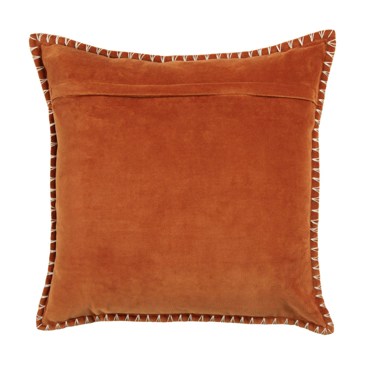 Stitch Plain Velvet Cushion in Sunset orange, 50 x 50cm square with contrast blanket-stitch edging, shown from the reverse side with a concealed opening, on a plain white background.