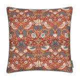 Square 50x50cm Strawberry Thief polyester cushion in Berry, featuring mirrored birds, wild strawberries and flowers in blue, green and cream on a red ground.
