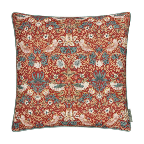 Square 50x50cm Strawberry Thief polyester cushion in Berry, featuring mirrored birds, wild strawberries and flowers in blue, green and cream on a red ground.