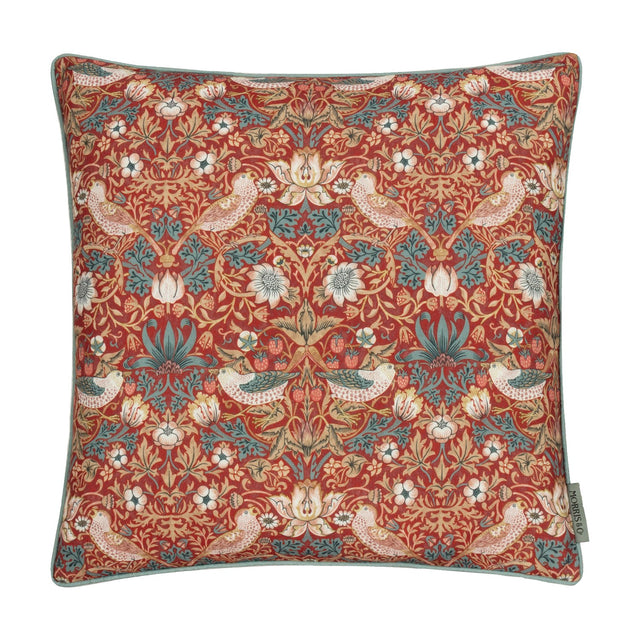 Square 50x50cm Strawberry Thief polyester cushion in Berry, featuring mirrored birds, wild strawberries and flowers in blue, green and cream on a red ground.