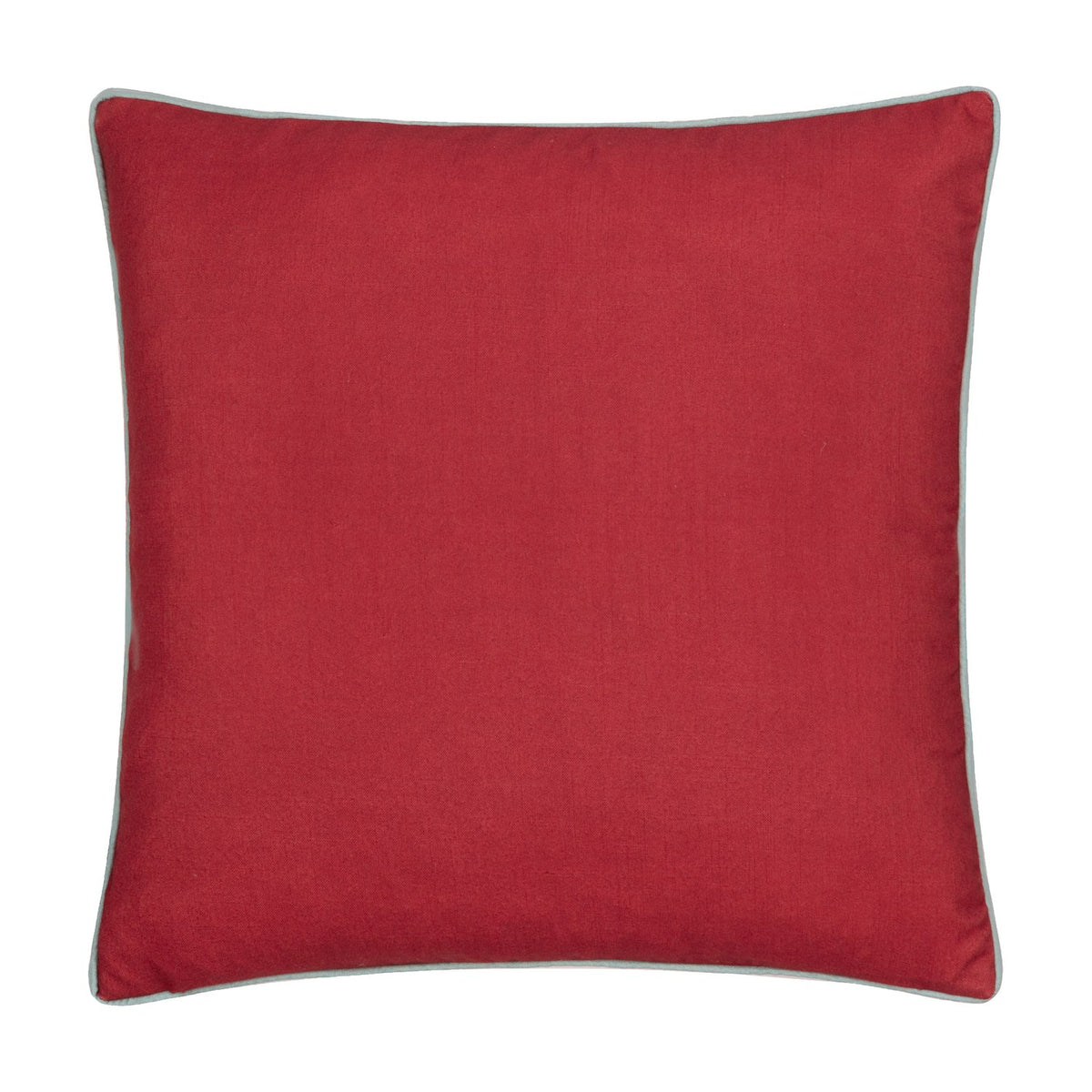 Strawberry Thief Floral Polyester Cushion in Berry, plain red square cushion with light blue-grey piped edge, shown against a plain white background.