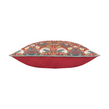 Side view of the Strawberry Thief Floral Polyester Cushion in berry red, showing plain red piped edge and patterned top with birds and foliage, set on a white background.