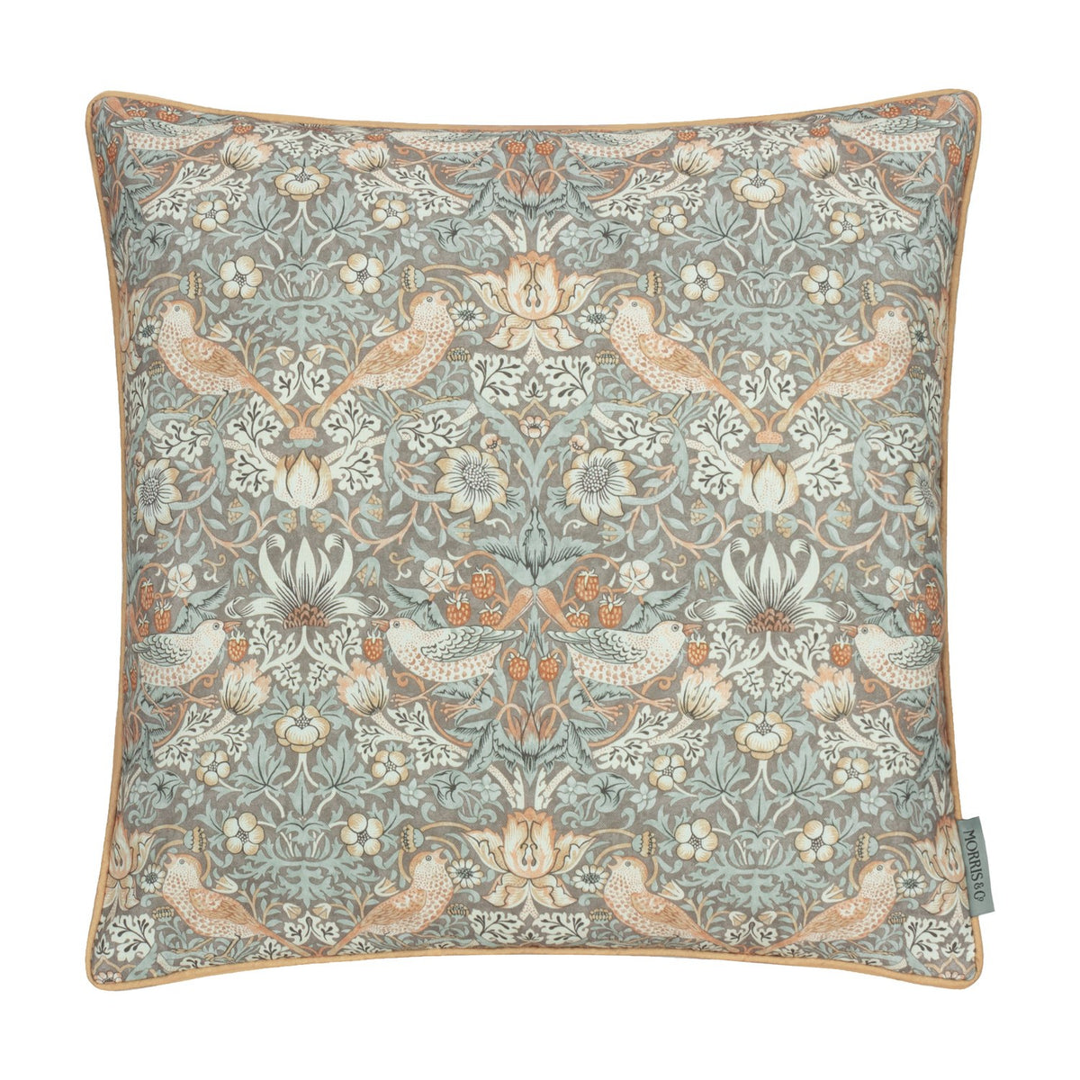 Square polyester Strawberry Thief cushion cover in warm grey with biscuit piping, featuring William Morris songbirds, foliage, flowers, and strawberries on a white background.