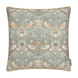 Square polyester Strawberry Thief cushion cover in warm grey with biscuit piping, featuring William Morris songbirds, foliage, flowers, and strawberries on a white background.