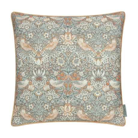 Square polyester Strawberry Thief cushion cover in warm grey with biscuit piping, featuring William Morris songbirds, foliage, flowers, and strawberries on a white background.