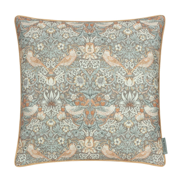 Square polyester Strawberry Thief cushion cover in warm grey with biscuit piping, featuring William Morris songbirds, foliage, flowers, and strawberries on a white background.