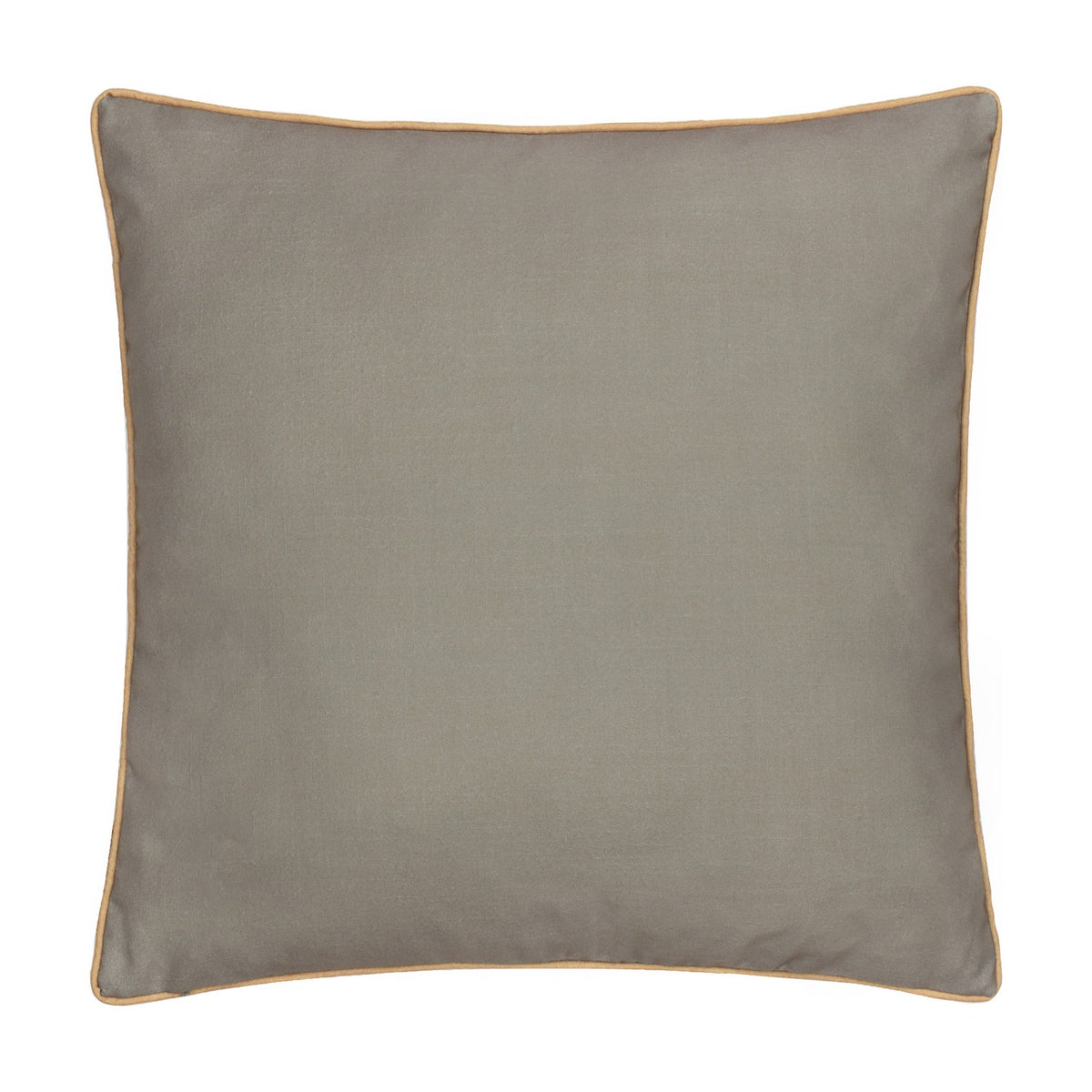 Plain grey square cushion cover with piped mustard-yellow edging, shown against a plain white background, reverse side view of the Strawberry Thief Floral Polyester Cushion in Biscuit.