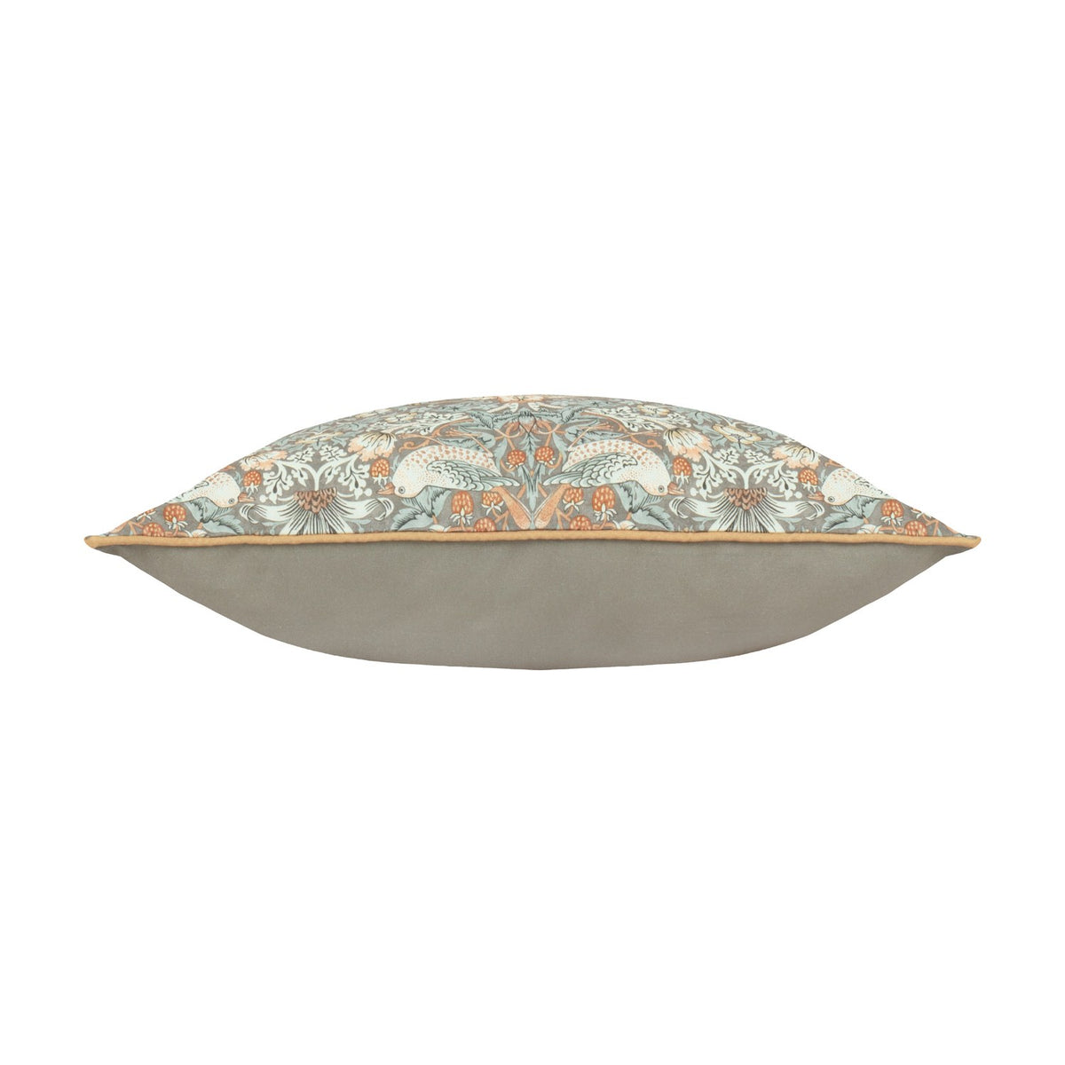 Side view of the Strawberry Thief Floral Polyester Cushion in Biscuit, showing a grey back panel, piped edge trim, and the patterned front with birds and berries on a muted ground.