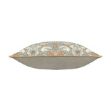 Side view of the Strawberry Thief Floral Polyester Cushion in Biscuit, showing a grey back panel, piped edge trim, and the patterned front with birds and berries on a muted ground.