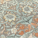 Close-up of the Strawberry Thief Floral Polyester Cushion in Biscuit, showing the printed pattern of songbirds, strawberries and flowers on a warm grey ground.