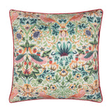 Square Strawberry Thief cushion, 50x50cm, with coral piped edge, printed with birds, strawberries and foliage in coral, leaf green, teal and amber on a pale ground, shown on a white background.