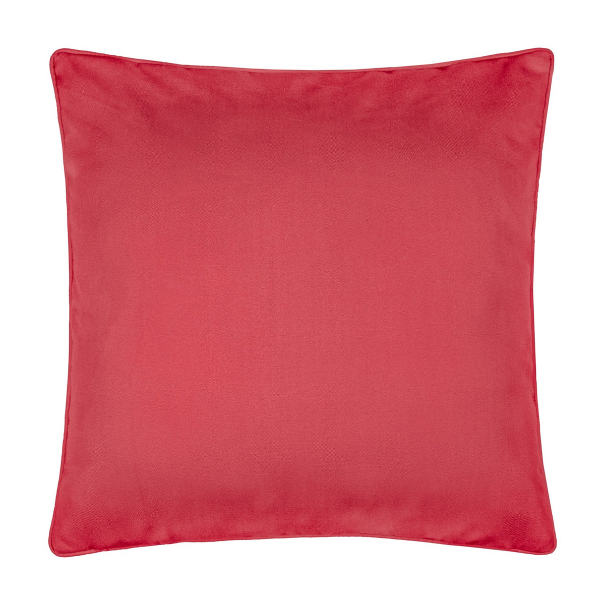 Square cushion in plain coral polyester with matching piped edge trim, shown from the reverse side against a plain white background.