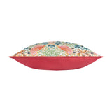 Side view of the Strawberry Thief Floral Polyester Cushion, showing the coral piped edge, plain coral reverse, and patterned front with birds, strawberries and foliage on a pale ground.