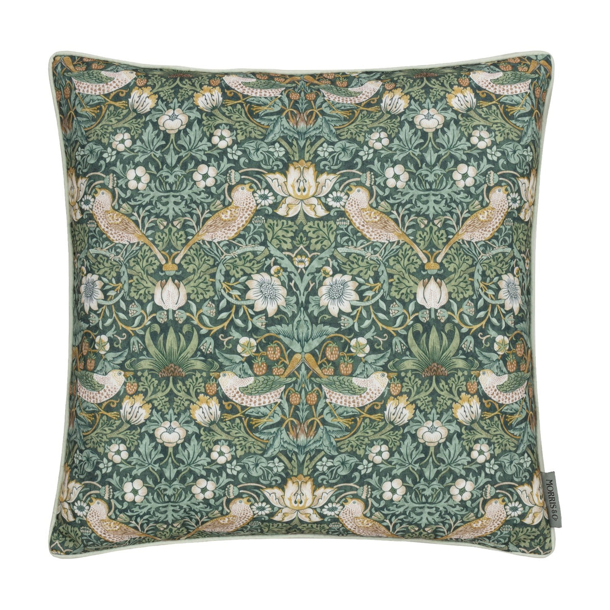 Square Strawberry Thief Floral Polyester Cushion in Forest Green, featuring birds, strawberries and florals with pale piped edge trim, shown on a white background.