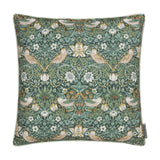 Square Strawberry Thief Floral Polyester Cushion in Forest Green, featuring birds, strawberries and florals with pale piped edge trim, shown on a white background.
