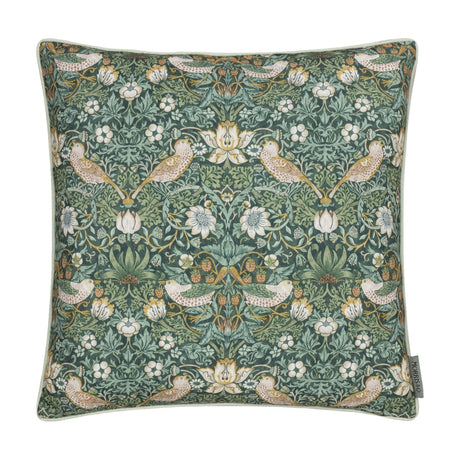 Square Strawberry Thief Floral Polyester Cushion in Forest Green, featuring birds, strawberries and florals with pale piped edge trim, shown on a white background.