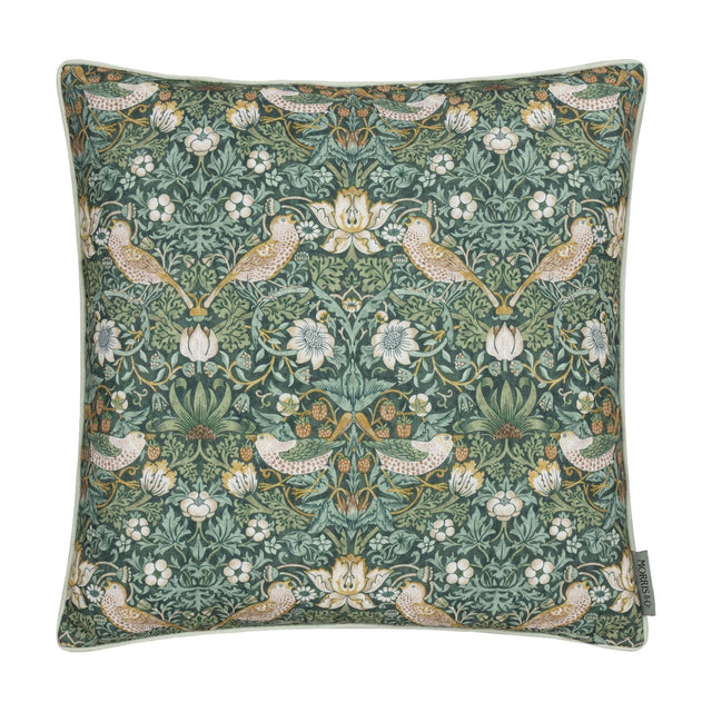 Square Strawberry Thief Floral Polyester Cushion in Forest Green, featuring birds, strawberries and florals with pale piped edge trim, shown on a white background.