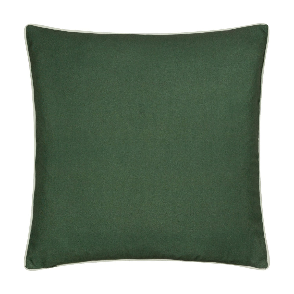 Strawberry Thief Floral Polyester Cushion in Forest Green, plain square design with pale piped edge trim, shown reverse side on a white background.