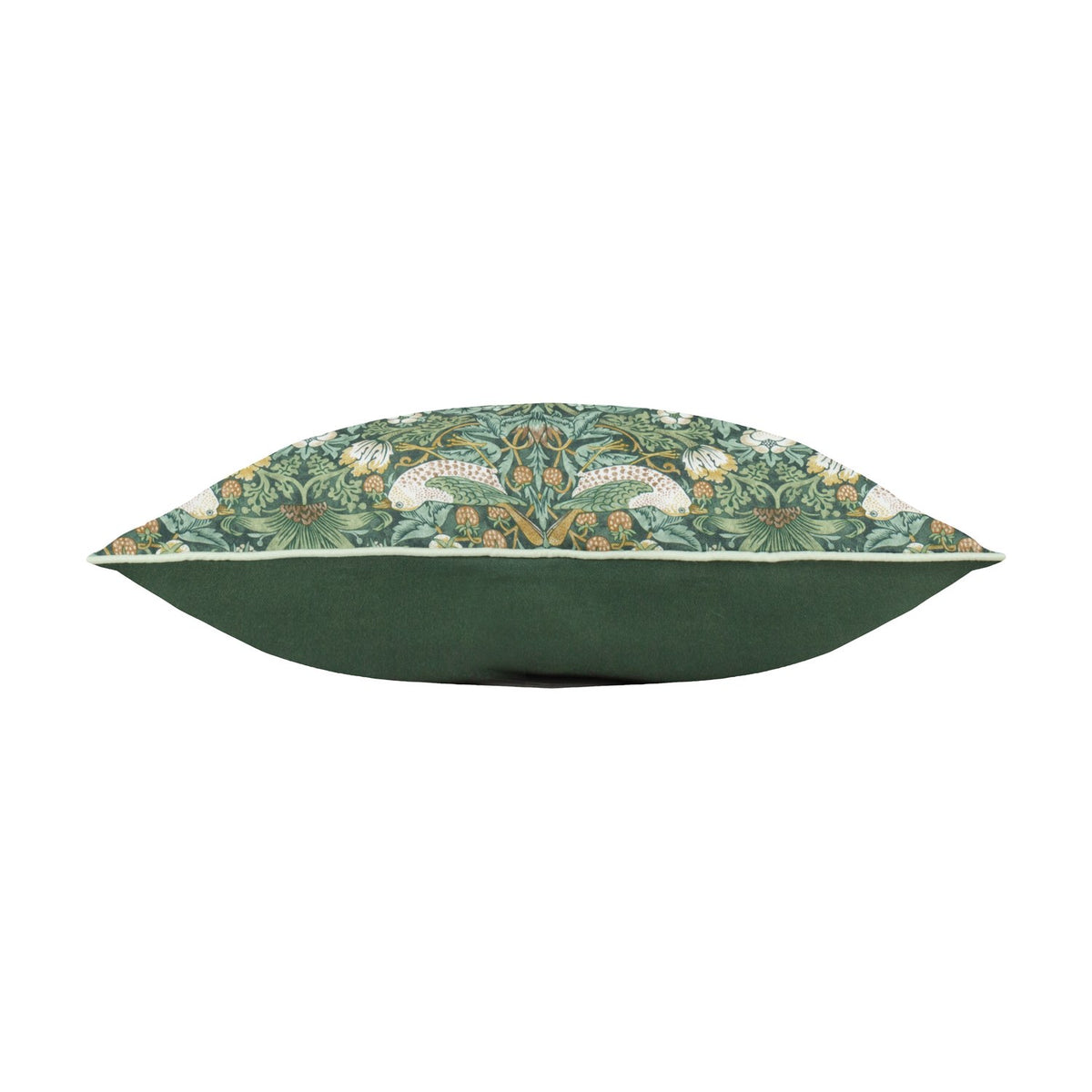 Side view of the Strawberry Thief Floral Polyester Cushion in Forest Green, showing the printed bird and strawberry pattern edge with pale piping against a plain green reverse, on a white background.