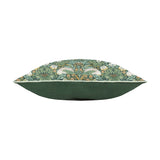 Side view of the Strawberry Thief Floral Polyester Cushion in Forest Green, showing the printed bird and strawberry pattern edge with pale piping against a plain green reverse, on a white background.