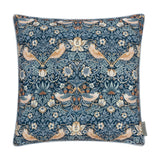 Square 50x50cm Strawberry Thief Floral Polyester Cushion in indigo, with birds, strawberries and floral motifs in amber and cream, pale piped edge trim, on a white background.