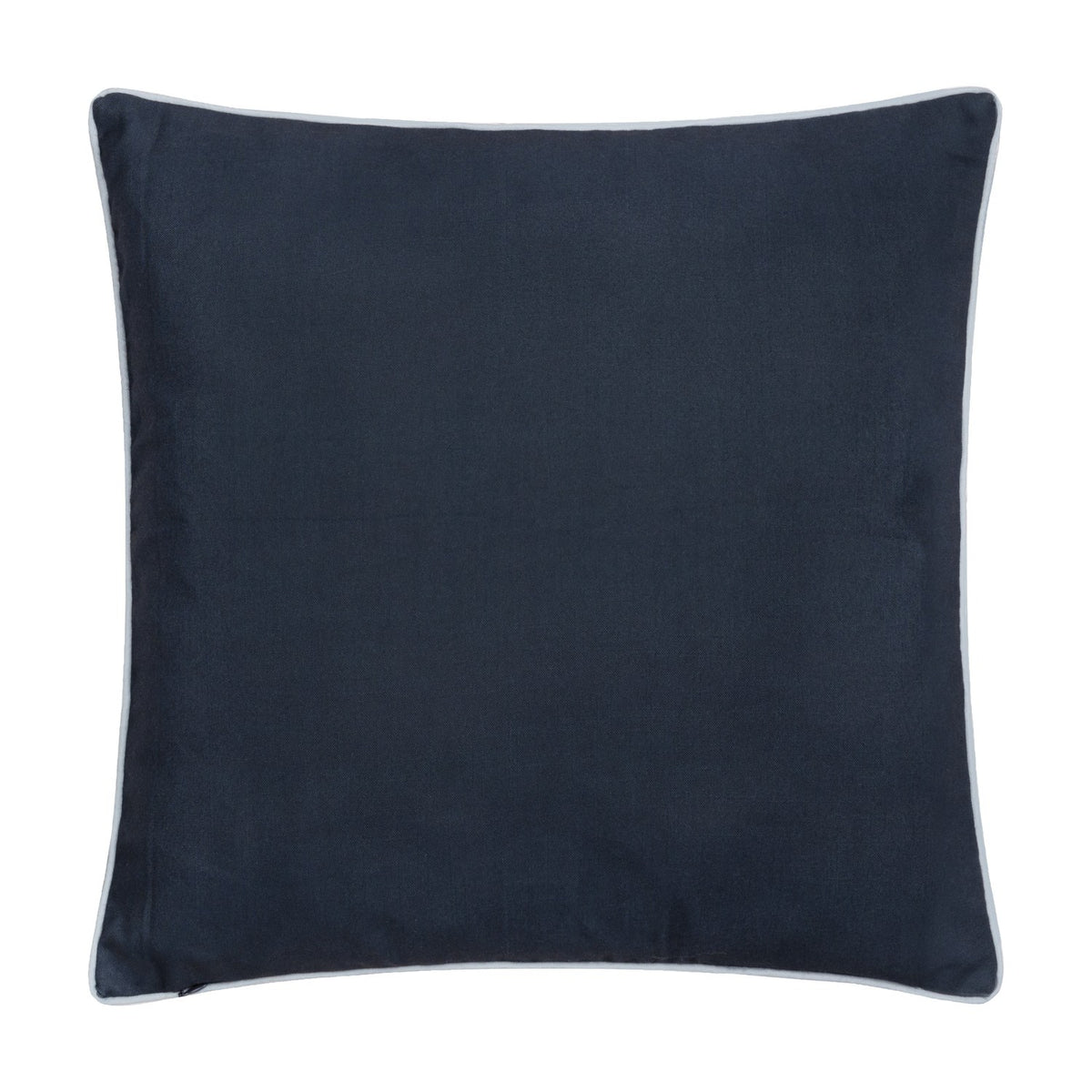 Square 50 x 50cm Strawberry Thief cushion, plain indigo reverse with pale piped edge trim, shown against a plain white background.
