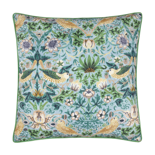 Square Strawberry Thief cushion in mineral-blue with yellow birds, cream flowers and green foliage print, finished with green piping, shown on a white background.