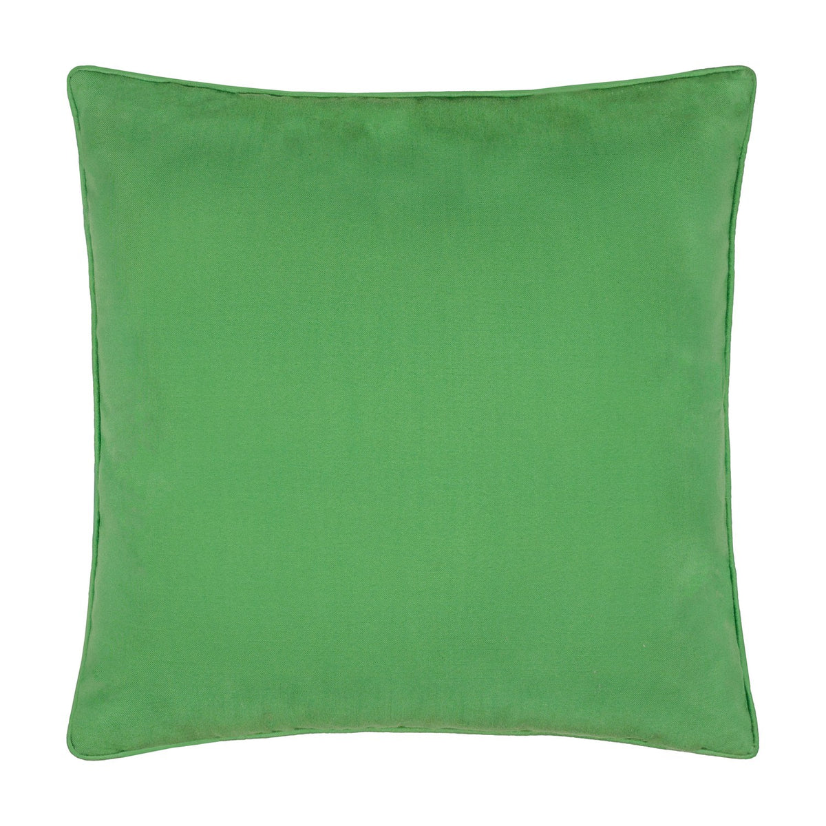 Square cushion in solid green polyester with matching piped edging, shown reverse side against a plain white background.
