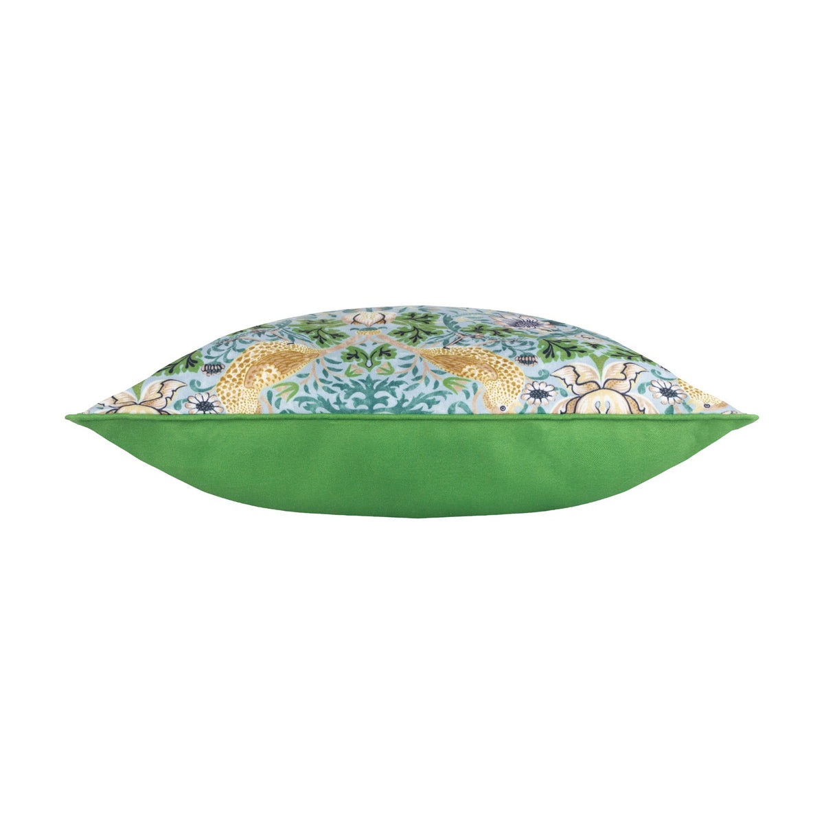 Side view of the Strawberry Thief Floral Polyester Cushion, showing mineral-blue patterned front with bird and floral design against a solid green reverse, on a white background.