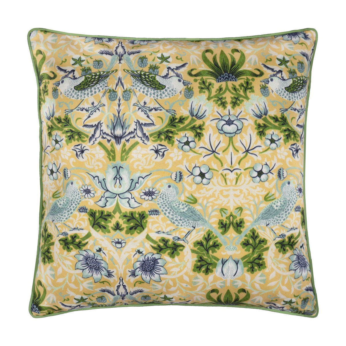 Square Strawberry Thief Floral Polyester Cushion in Sunflower yellow, with William Morris bird and berry pattern in blue and green, green piped edge, on a white background.