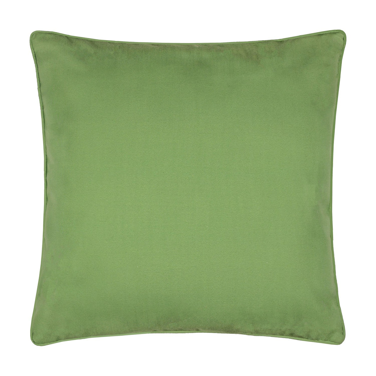 Square outdoor cushion in plain green polyester with matching green piped edge, shown against a white background, reverse side of the Strawberry Thief design.