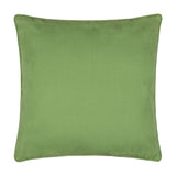 Square outdoor cushion in plain green polyester with matching green piped edge, shown against a white background, reverse side of the Strawberry Thief design.