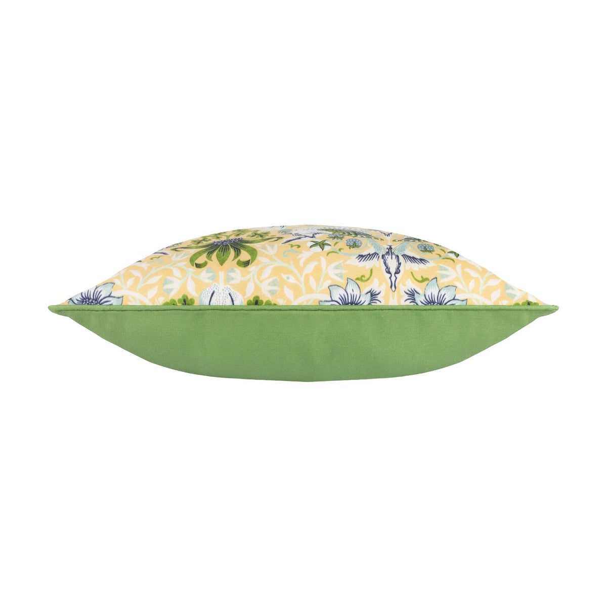 Side view of Strawberry Thief Floral Polyester Cushion in Sunflower, showing yellow patterned front with green piping and plain green reverse, on a white background.