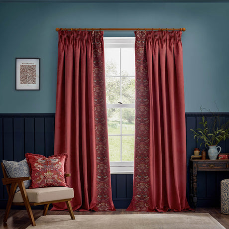 Strawberry Thief Fully Lined Velvet Pencil Pleat Curtains - Berry