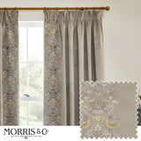 Pencil pleat curtains in biscuit velvet with embroidered Strawberry Thief bird and floral leading edge, shown pleated on a wooden pole beside a window, with fabric swatch inset.