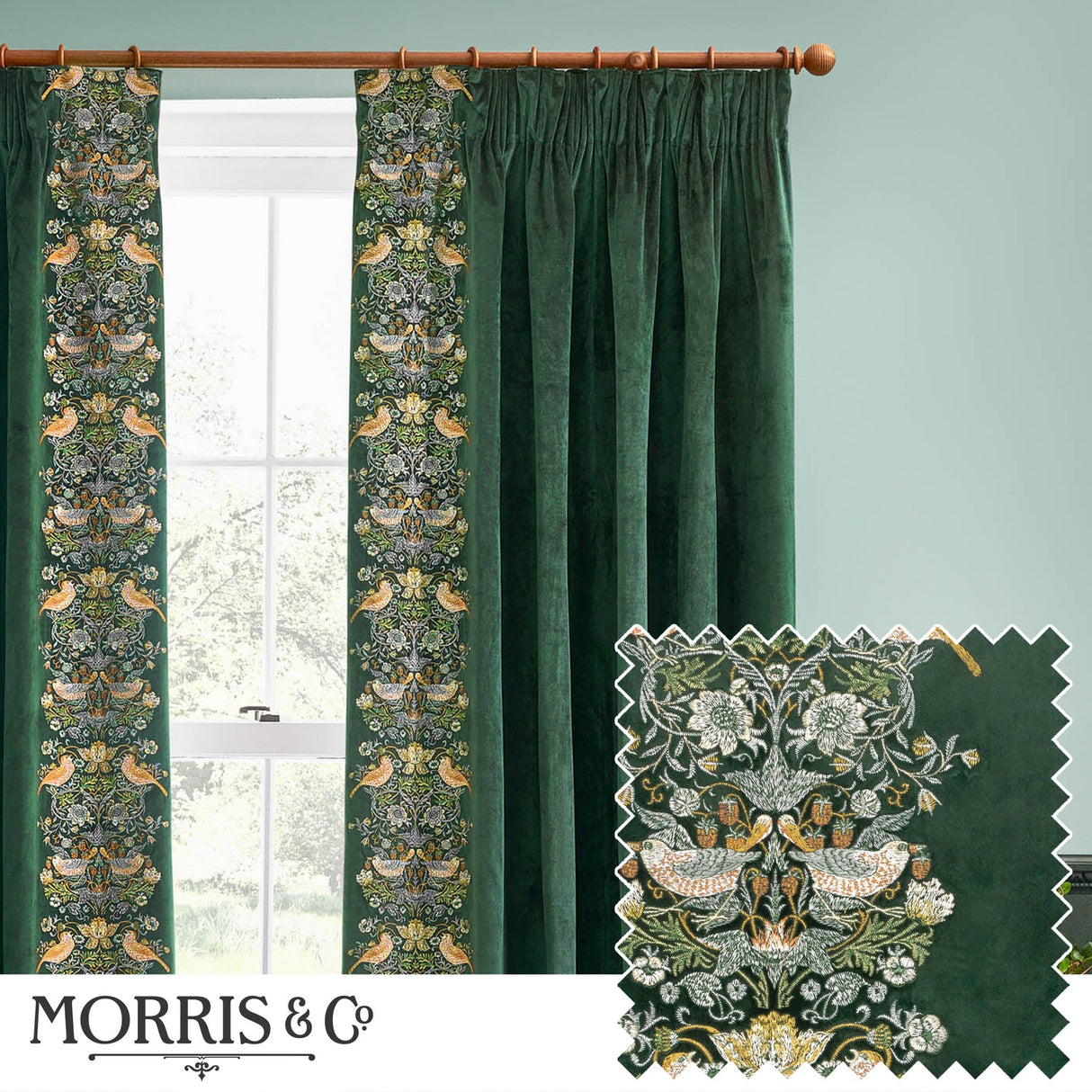 Strawberry Thief Velvet Pencil Pleat Curtains - Forest Green