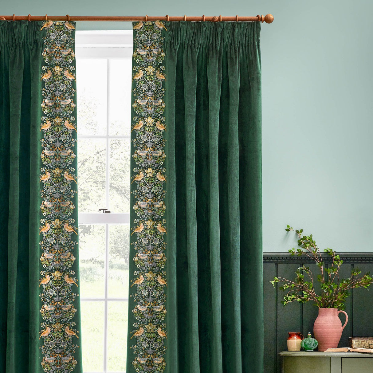 Strawberry Thief Velvet Pencil Pleat Curtains - Forest Green