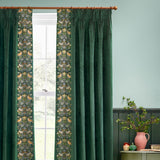 Strawberry Thief Velvet Pencil Pleat Curtains - Forest Green