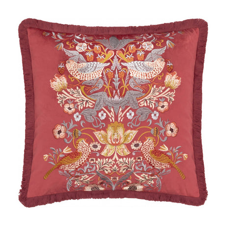 Square Berry velvet cushion featuring mirrored bird and strawberry foliage embroidery in gold, coral and grey on deep red, with matching fringe trim.
