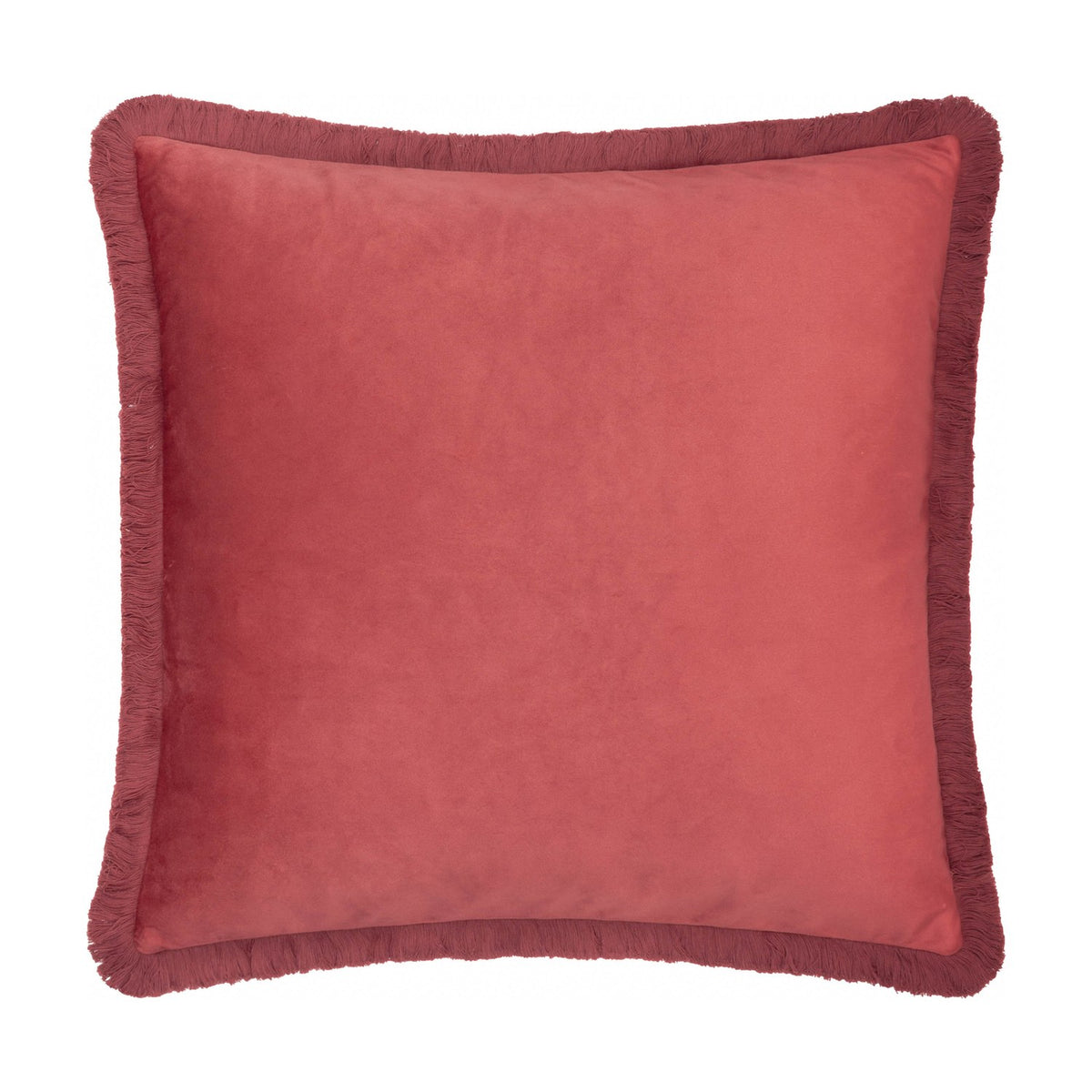 Square berry-red velvet cushion, Strawberry Thief design, with matching fringed edging, shown plain against a white background.