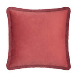 Square berry-red velvet cushion, Strawberry Thief design, with matching fringed edging, shown plain against a white background.