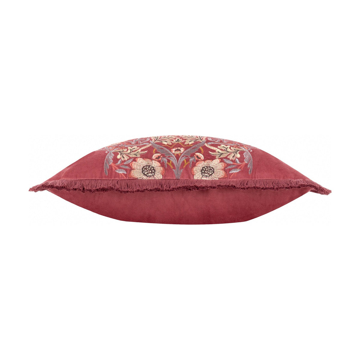 Side view of the Strawberry Thief Jacquard Velvet Cushion in berry-red velvet with fringed edge and floral embroidery visible along the top seam, shown on a white background.