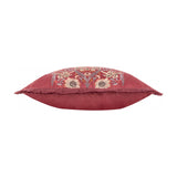 Side view of the Strawberry Thief Jacquard Velvet Cushion in berry-red velvet with fringed edge and floral embroidery visible along the top seam, shown on a white background.