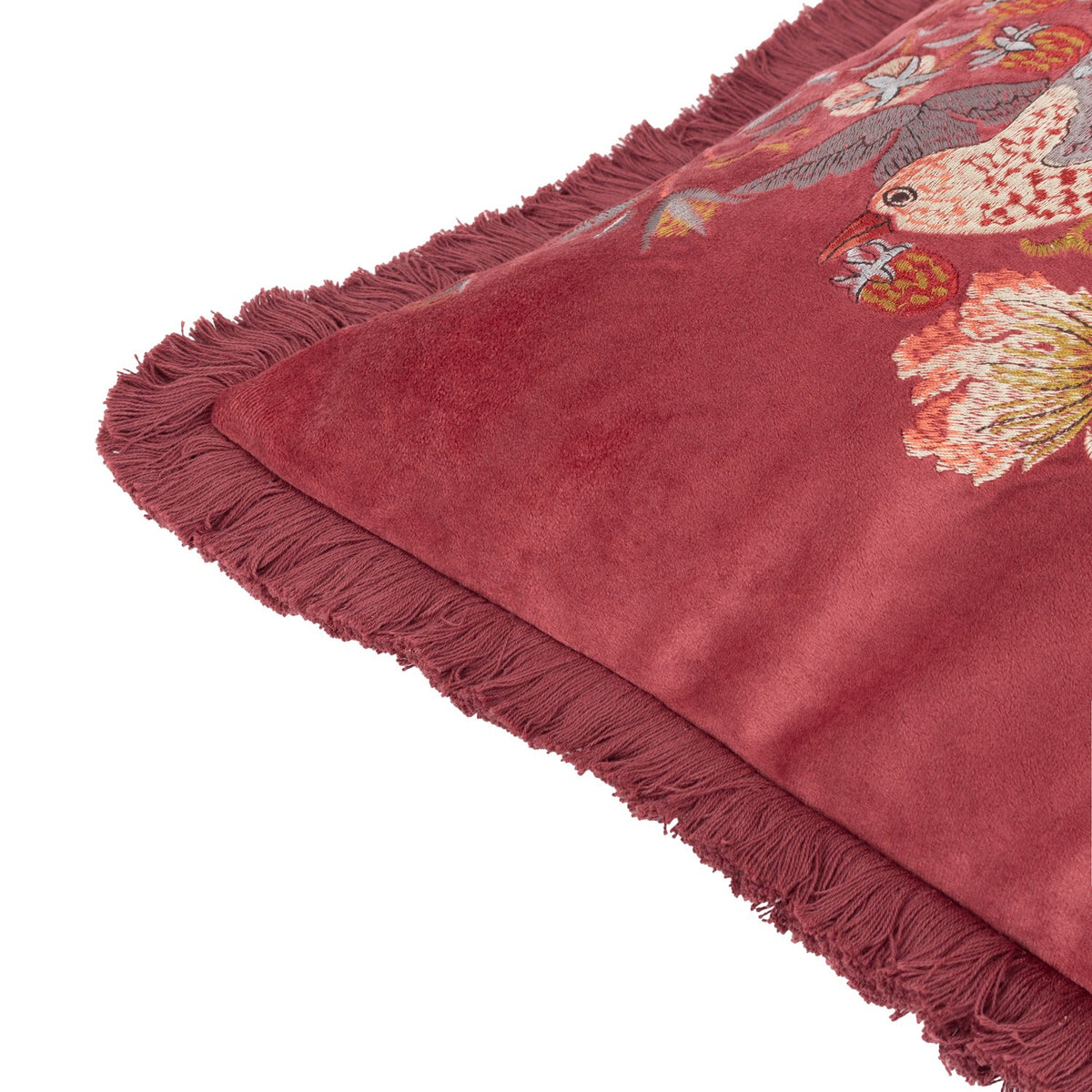 Close-up of the Strawberry Thief Jacquard Velvet Cushion in berry red, showing matt velvet fabric, fringed edge trim, and embroidered bird and floral detail on a plain white background.