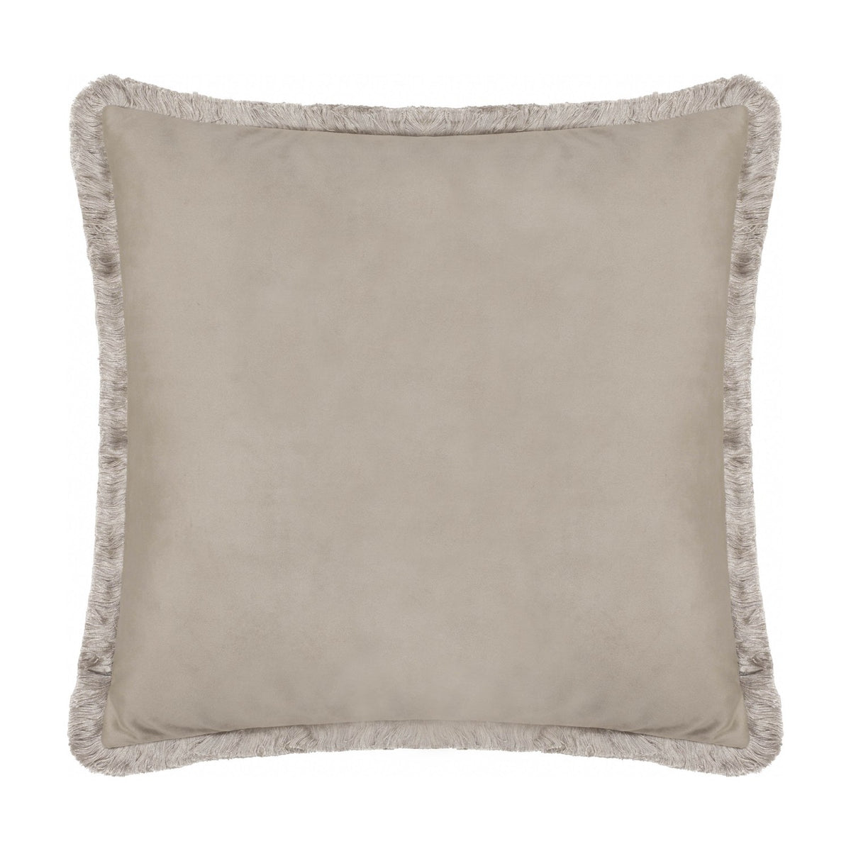 Strawberry Thief Jacquard Velvet Cushion in biscuit-beige, plain velvet reverse with brush fringe trim, shown on a white background.