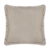 Strawberry Thief Jacquard Velvet Cushion in biscuit-beige, plain velvet reverse with brush fringe trim, shown on a white background.