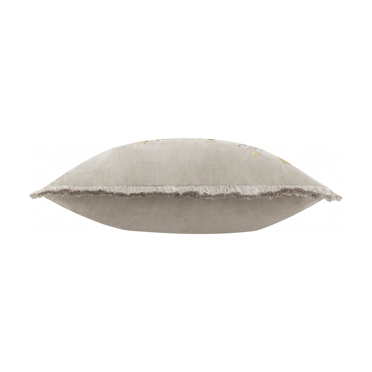 Side view of the Strawberry Thief Jacquard Velvet Cushion in biscuit-beige, showing plump velvet piping and a fringed edge trim, photographed on a plain white background.